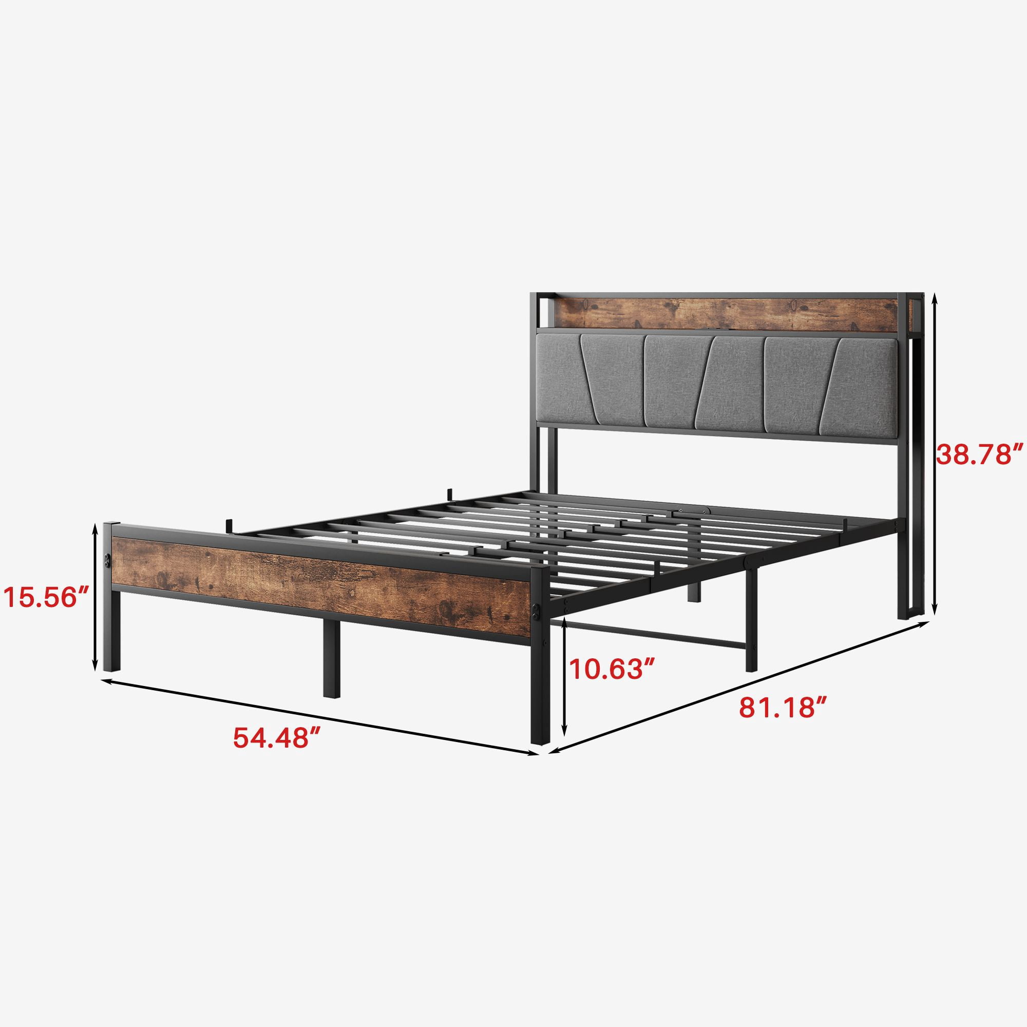 Aukfa Full Size Bed Frame with 2-Tier Storage Headboard Shelf and Charging Station, Brown