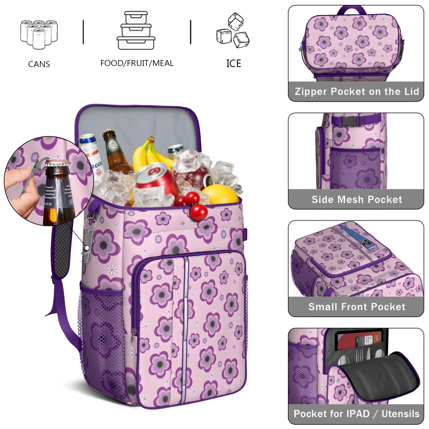 Travel Cooler Bag - Pioneer Flower Floral Print Pattern Camping Beer Cooler Backpack with Bottle Opener- Waterproof Insulated Picnic Backpacks - Cooler Bag for Beach