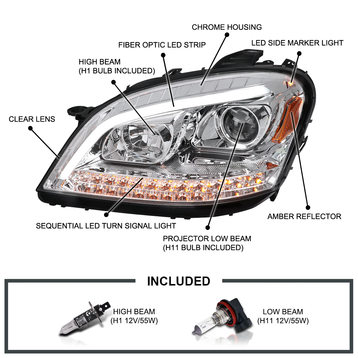 Spec-D Tuning Projector Headlights LED Sequential Signal Compatible with  2006-2008 Mercedes Benz W164 ML350 ML500 ML-Class, Left + Right Pair  Headlamps Assembly 