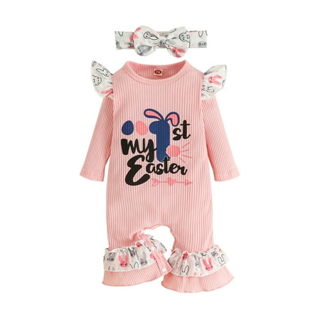

Arvbitana Infant Baby Girl Easter Jumpsuit Outfits Letter Rabbit Print Long Sleeves Ruffle Ribbed Playsuit + Bow Headband Casual Overalls Set 2Pcs 0-18M