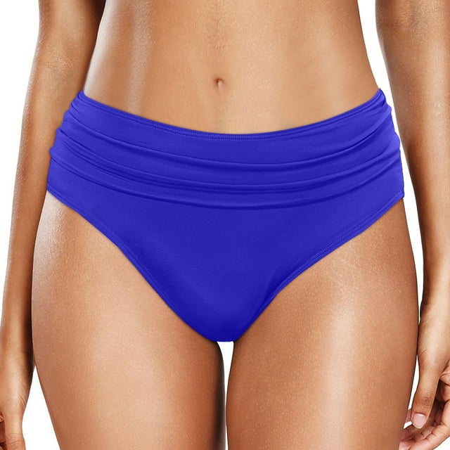 Riforla Swim Bottoms for Women Plus Size High Rise Ruched Briefs Full Coverage for Beach Sports Bathing Suit Bottoms Blue L
