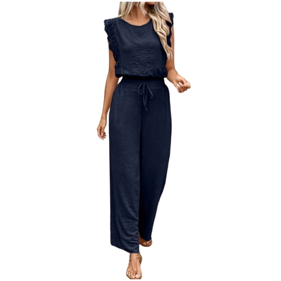 Karymi Workout Sets for Women 2-Piece Casual Outfit, Round Neck Lace Trim Sleeveless Top High Waist Drawstring Wide Leg Pants with Pockets, Summer Set Vacation Outfits for Women