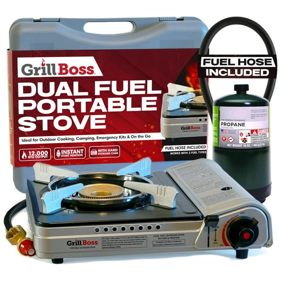 Grill Boss Dual Fuel Camp Stove - 12,000 BTU Butane & Propane Portable Stoves for Camping, Emergencies, BBQ, Hiking & Backpacking - Double Wind Guard, Instant Piezo Ignition System - 90057