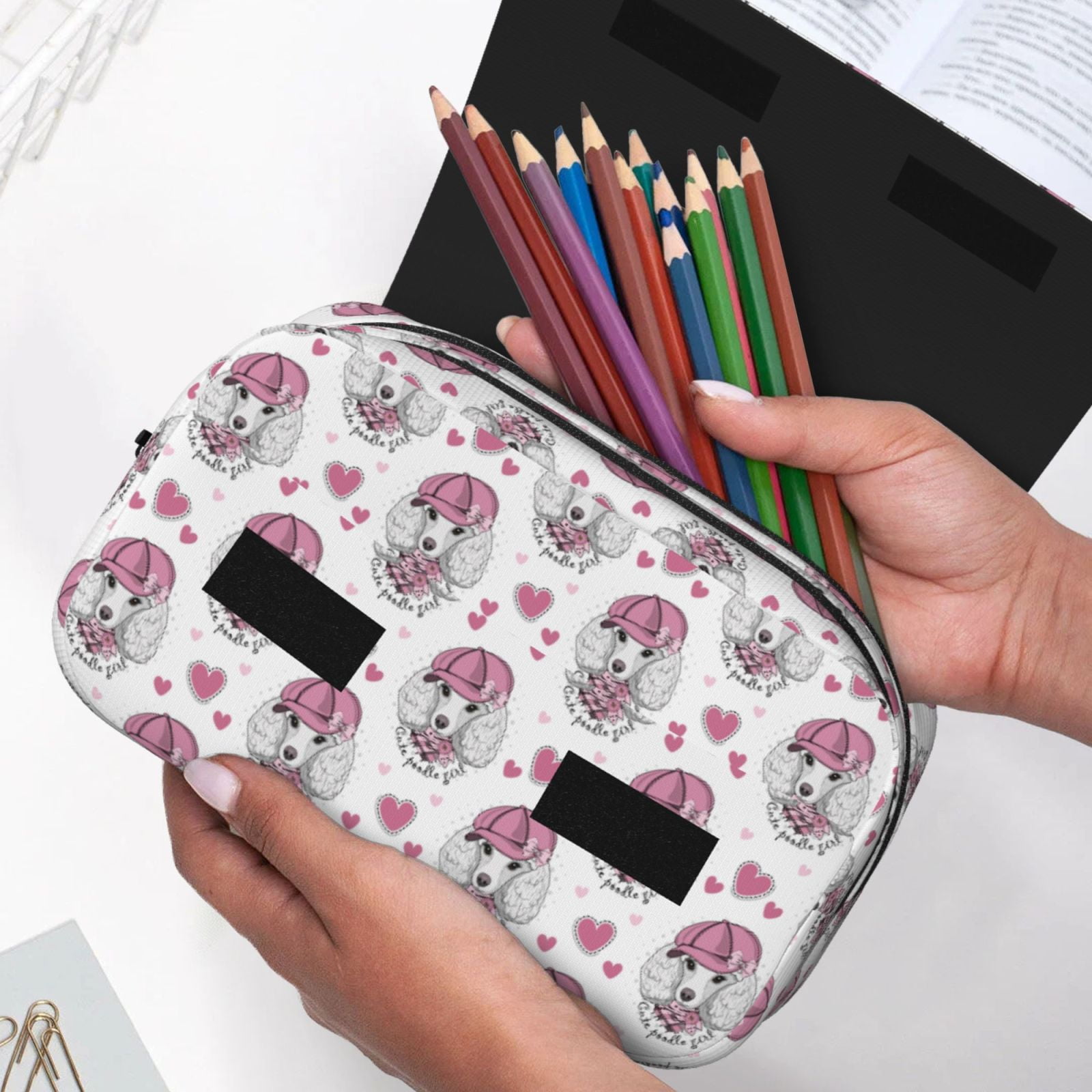 Rateoe Cute Poodle Dog Pattern Double Clamshell Pen Case, Storage Organizer with Two Zipper Compartments– Holds Up to 50 Pencils & Pens