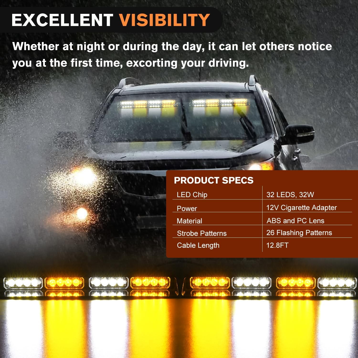 Nilight 32Led Amber White Emergency Dash Strobe Lights with Controller Suction Cups Warning Hazard Interior Front/Rear Windshield Deck Split Light Bar for Truck