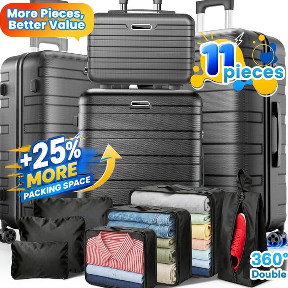 11Pcs Hardshell Luggage Set, Lightweight Suitcases w/ Spinner Wheels, Carry on Luggage, Black