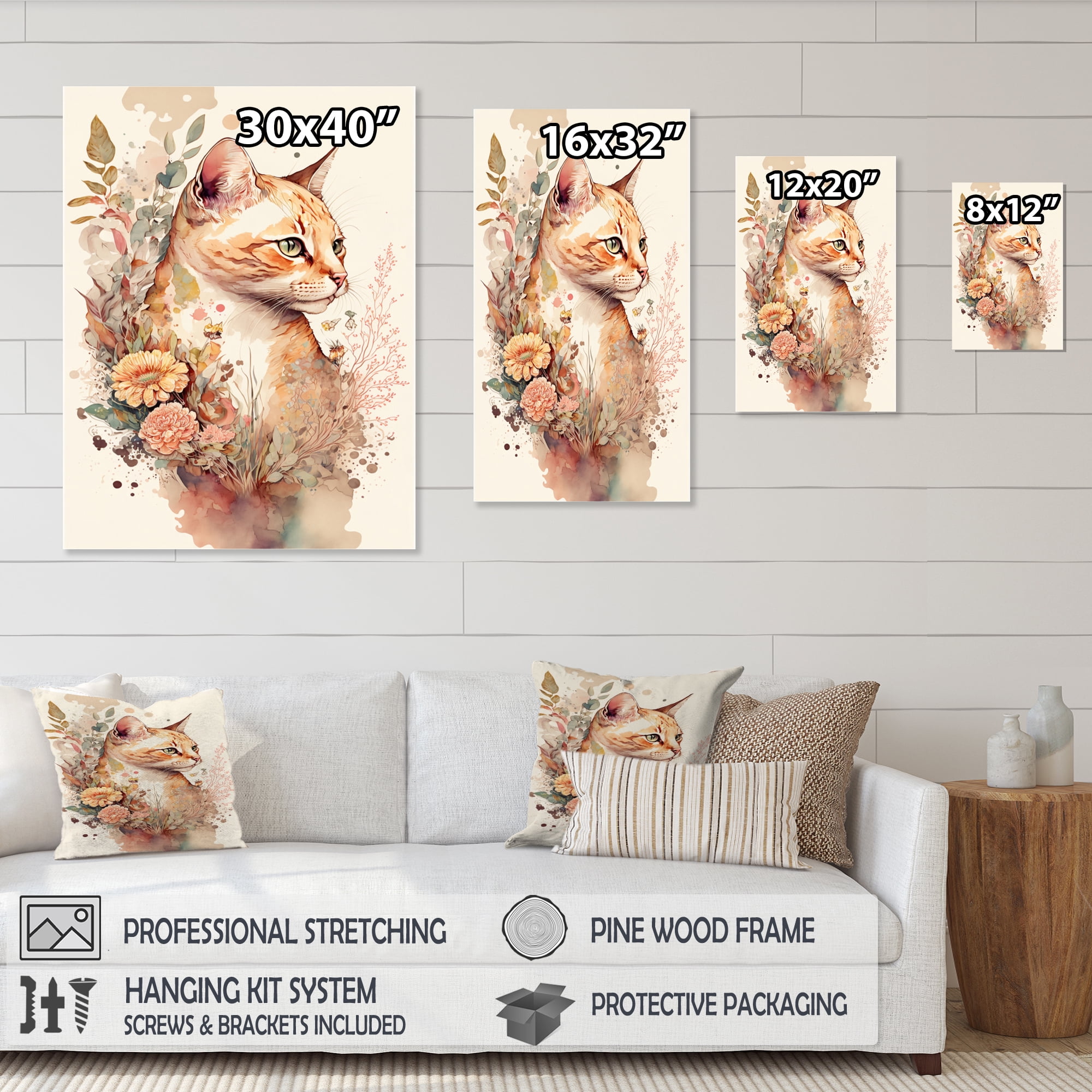 Designart Cute Cat Floral Art III Canvas Wall Art