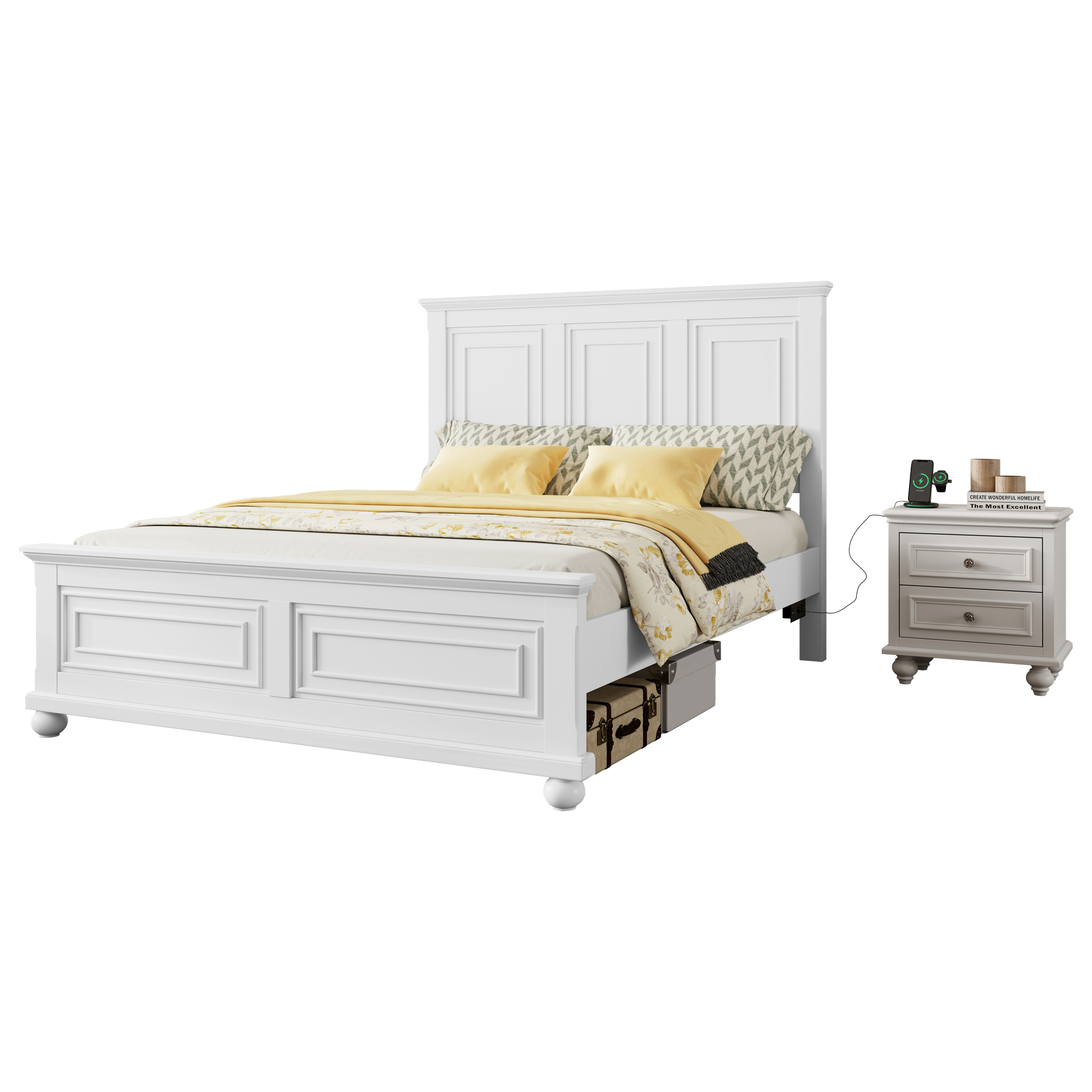 Mirightone King Size Farmhouse Bed Frame with Charging Station, Tall Headboard & Footboard, Solid Wood Platform Bed, No Box Spring Needed, Noise-Free, White