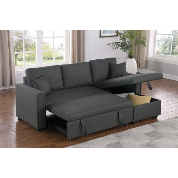 Alexent 3 Seater L-Shaped Sofa with Pull Out Sleeper Sofa, with Storage Recliner, Apartment Small Sectional Sofa, for Living Room, Bedroom,Dark Gray