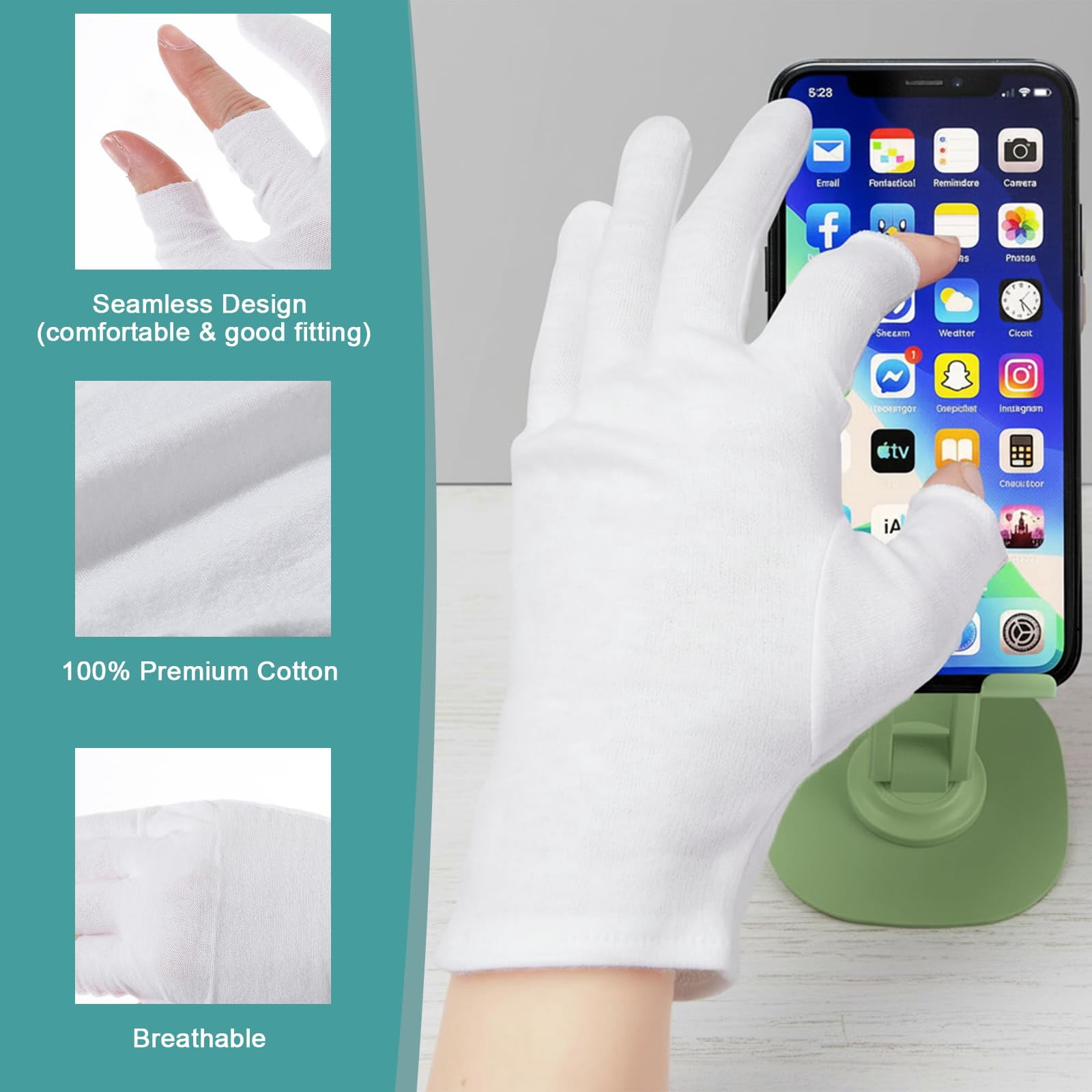 20 Pairs White Cotton Gloves for Dry Hands Eczema Overnight Fingerless Touchscreen Moisturizing Glove, Breathable Hand Moisturizer Spa Gloves for Sleeping, JewelryInspection, Coin Handling