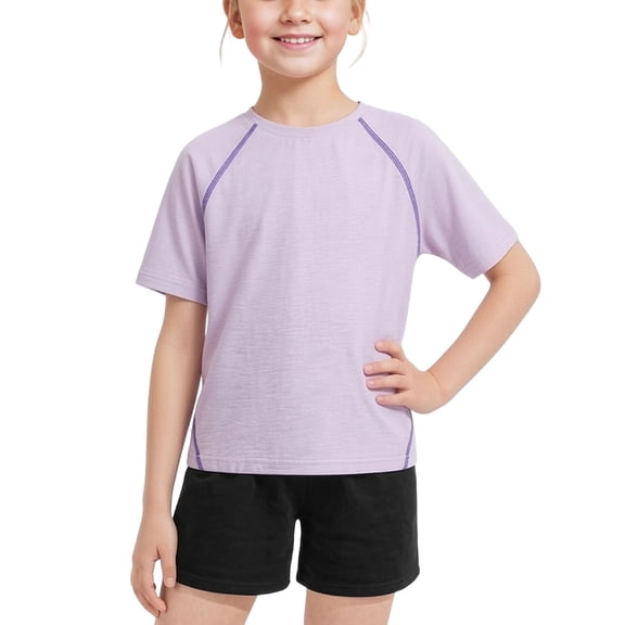 Girl’s Sport Short Sleeve Tops, Color Block Quick Dry Base Tee, Loose Fits Crew Neck Outdoor Running Workout T-Shirt 9-10 Years