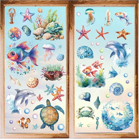 8 Styles Sea Animals Wall Stickers Cling Turtles Starfish Window Decals Stickers PVC Waterproof Self Adhesive Stickers Peel and Stick