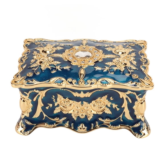 Vintage Jewelry Box Antique Rectangular Metal Blue Enamel Trinket Organizer Velvet Lining Gift Box, 2.6 x 3.7 x 1.8 in / 6.7 x 9.5 x 4.5 cm