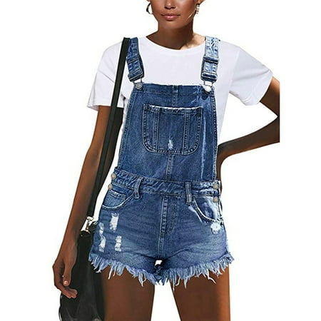 Womens Ripped Summer Short Overalls Frayed Jeans Suspenders Denim Strap ...