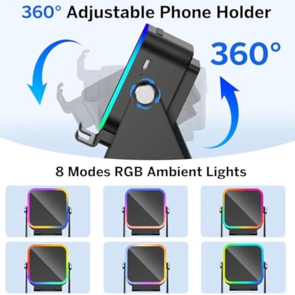 Wireless Charging Speaker Stand - 5-in-1 Bluetooth Speaker with 8 RGB Ambient Lights, 5000mAh Power Bank, Adjustable Tablet Holder for iPhone iPad Android - Stereo Sound Desktop Dock & Birthday Gift
