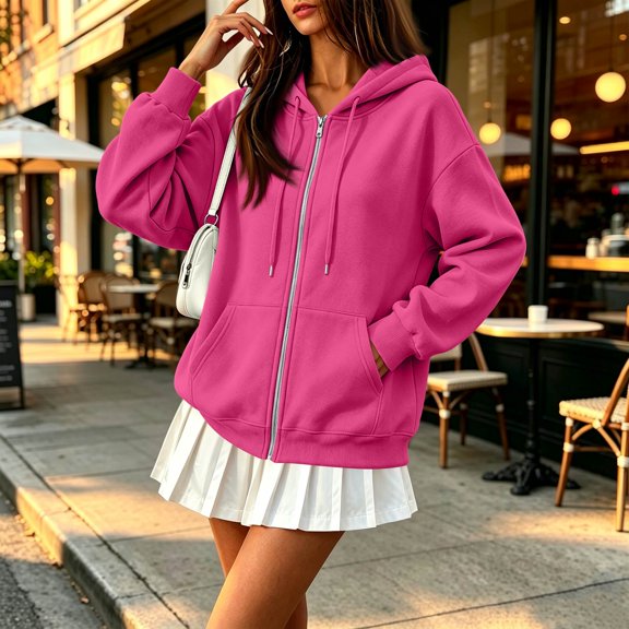 Stralyhd Full Zip Up Hoodies for Women 2026 Fall Winter Oversized Jacket with Pockets Drawstring Cozy Sweatshirt Hooded Outfits Drop Shoulder Sweatshirt Hot Pink 2XL