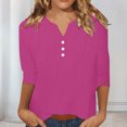 thumbnail image 6 of vigerkar Women's Casual 3/4 Sleeve T Shirts Button V Neck Basic Tee Tops Loose Fit Summer Shirt Beach Vacation Outfits Hot Pink, L, 6 of 7