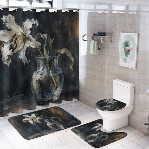 RKSupls 4PCS White Lilyin Glass Vase Waterproof Shower Curtain Sets with Hooks,Bathroom Sets with Non-Slip Rugs,Toilet Lid Cover and Bath Mat