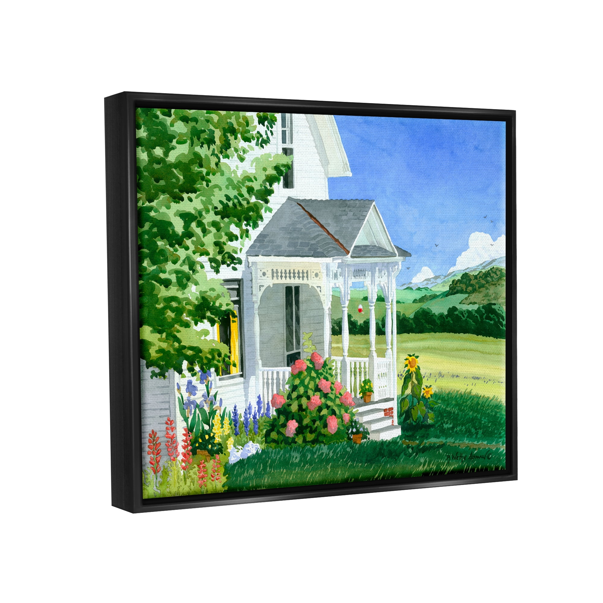 Stupell Industries Cottage Garden Painting Nature Painting Black Floater Framed Art Print Wall Art, 21 x 17