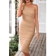 thumbnail image 5 of Vestido PRETTYGARDEN Ajustado con Hombro Descubierto y Fruncido Khaki Talle S, 5 of 7