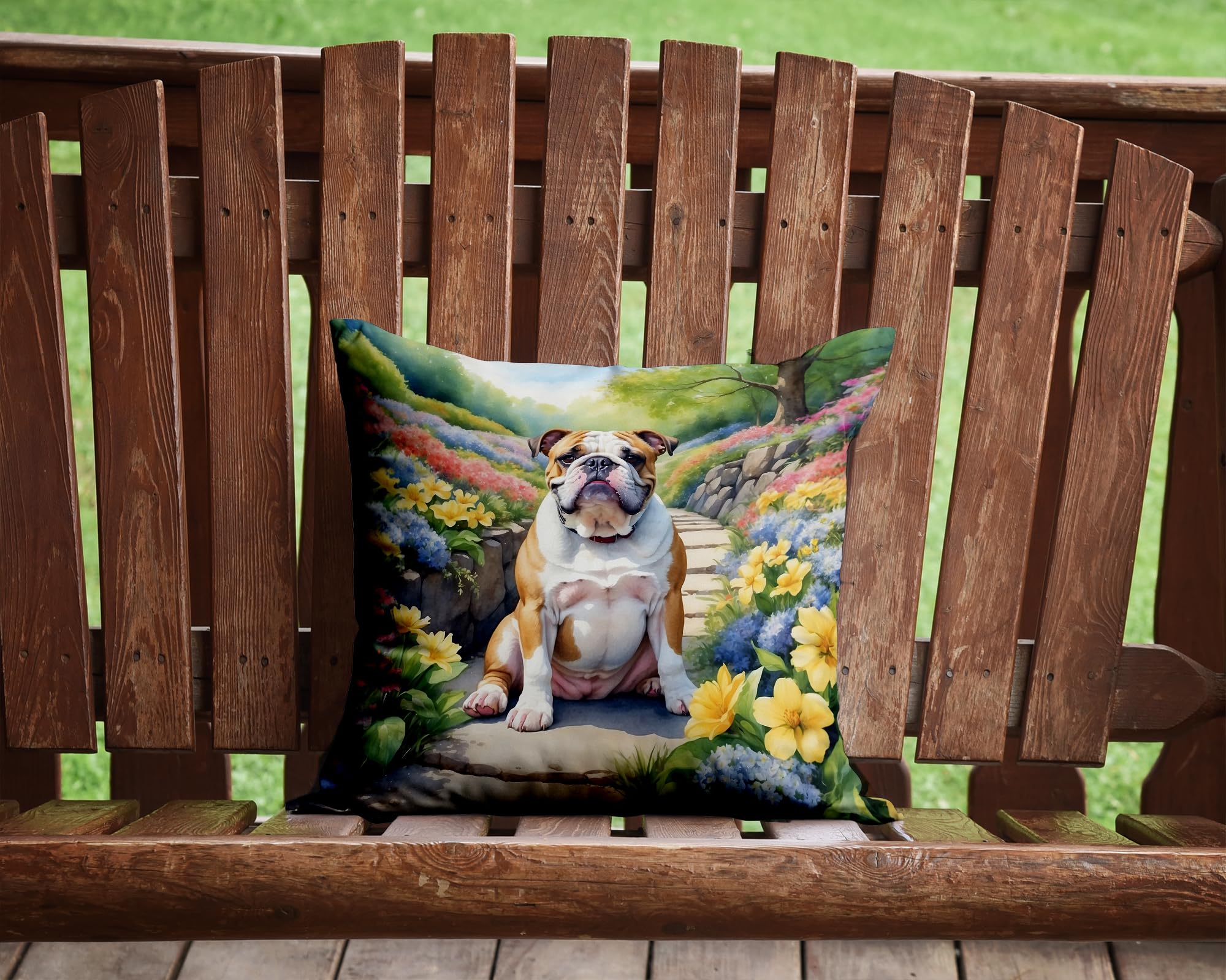 English Bulldog Spring Path Throw Pillow 14 in x 14 in