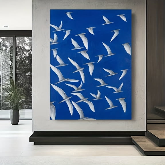 Large Canvas Painting Modern Abstract Blue White & Navy Painting on Canvas - White Birds on Deep Blue Flying Doves Wall Art, Wooden Framed Large-Scale Foyer/Living Room/
