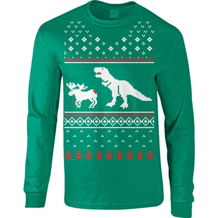 - T-Rex Attack Moose Long Sleeve Ugly Christmas Sweater Funny Shir