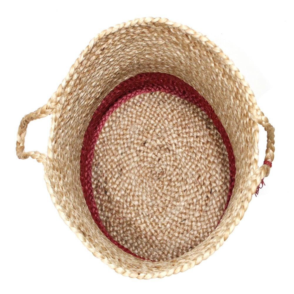 LR Home Woven Round Jute 17" Storage Basket with Handles, Red Stripe