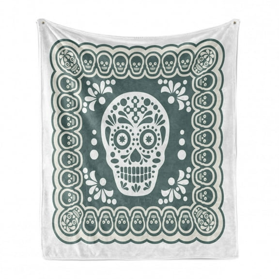 Sugar Skull Soft Flannel Fleece Throw Blanket, Mexican Dia de los Muertos in a Frame with Smaller Skulls, Cozy Plush for Indoor and Outdoor Use, 60" x 80", Grey Teal and Coconut, by Ambesonne