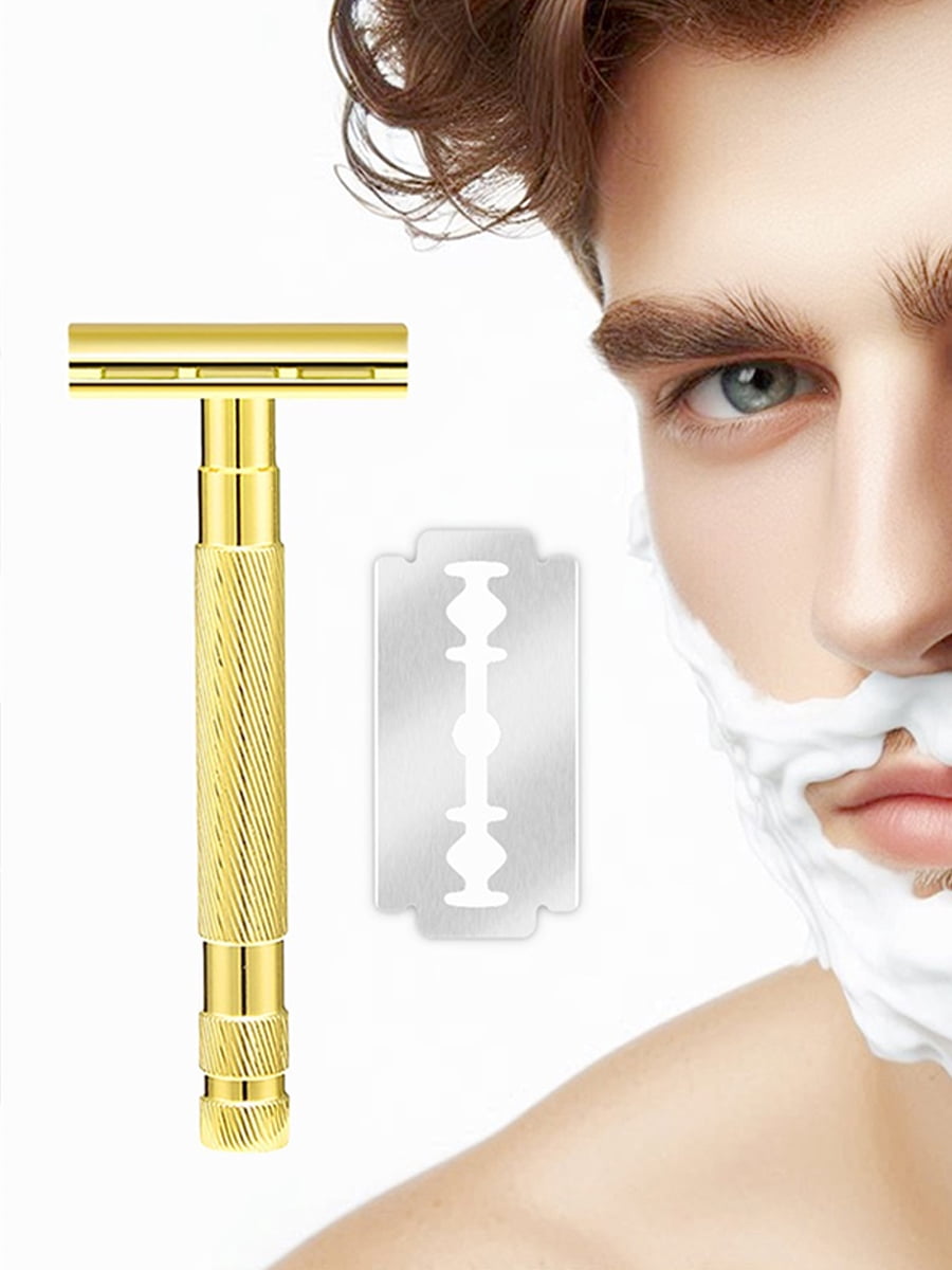Waysh Safety Razor with Knurled Grip Handle, Complete Double Edge Razor Gift Set with Stand and 20 Blades, Gold