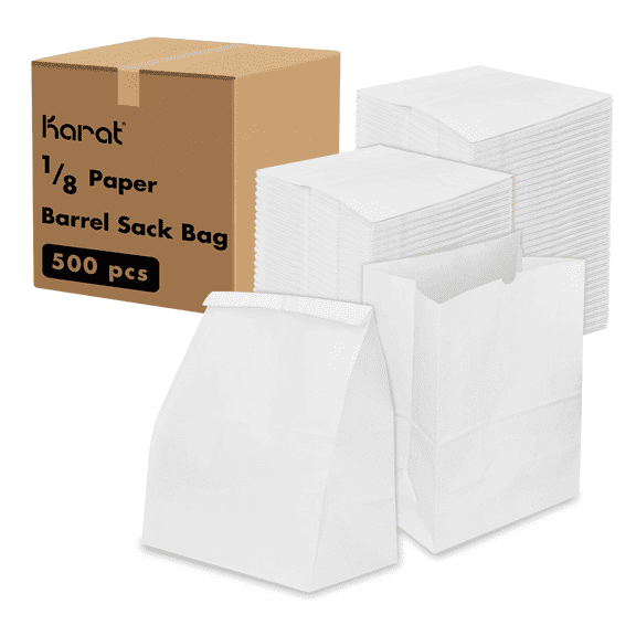 Karat 1/8 Barrel White Paper Bags, Heavy-Duty Flat Bottom Grocery & Retail Shopping Sacks, 10" x 6.8" (500 Count)