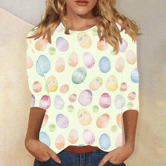 TaTaai 3/4 Sleeve Easter Top for Women Printed Round Neck Casual Loose Fit T Shirt Fashion Pullover Soft Stretchy Comfortable Blouse for Spring Daily Party Gift