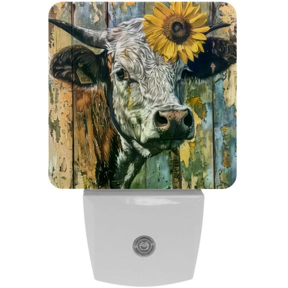 PhooArto Cow Sunflower Wooden Board Plug in LED Night Light Auto Sensor Dusk to Dawn Decorative Night for Bedroom, Bathroom, Kitchen, Hallway, Stairs, Baby's Room, Energy Saving