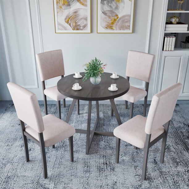Modern 5Piece Wood Dining Set with Gray Round Table and 4 Upholstered