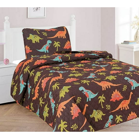 2-PC TWIN DINOSAUR Kids Microfiber Bedding Quilt Set, 1 Print Quilted Coverlet with 1 Matching Pillow Sham Included