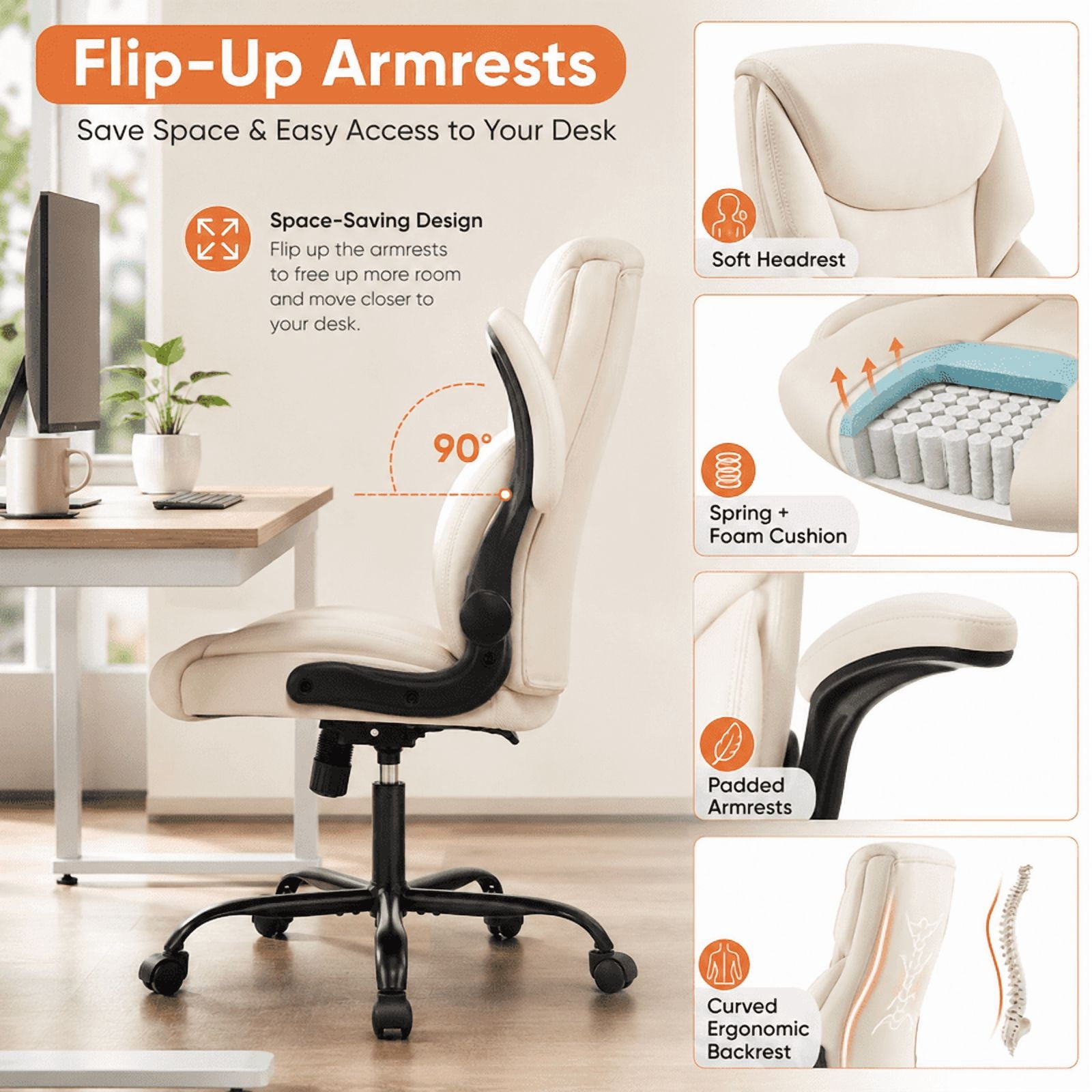 Ergonomic PU Leather Executive Office Chair, Adjustable Height Desk Chair with Lumbar Support, Wide Seat, 360° Swivel and Quiet Wheels, White