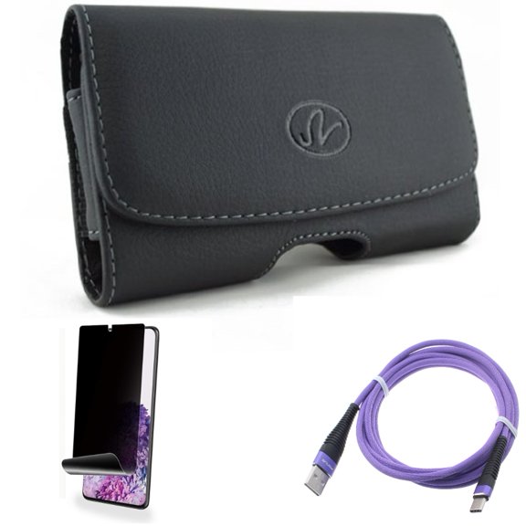 6ft USB Cable w Privacy Screen Protector w Case Belt Clip for Samsung Galaxy S20 Plus - Purple Type-C Charger Cord, TPU Film [NOT GLASS] [Fingerprint Works], Leather Swivel fits Galaxy S20 Plus