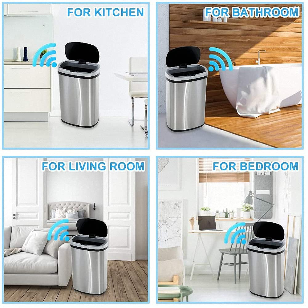 13 Gallon Trash Can Automatic Kitchen Garbage Can with Lid Touchless Sensor Waste Bin Slim No Touch Stainless Steel Trash Can for Home, Living Room, Bedroom, Office, 50 Liter- Silver