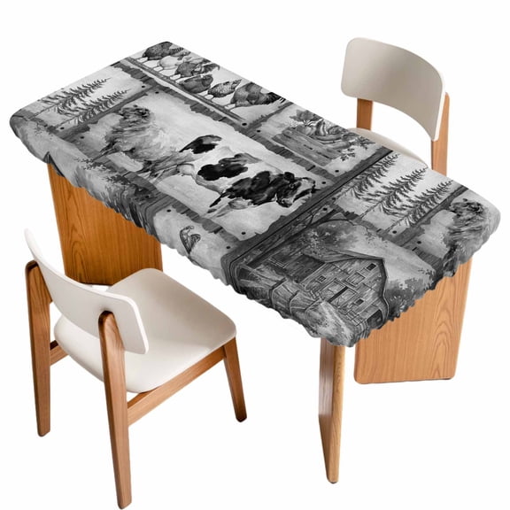 Black White Animals Table Cloths for 3 Foot Rectangle Tables, Cow Rooster Trees Vintage Art Patio Waterproof Elastic Fitted Tablecloths, Washable Rectangular Table Cover for Camping