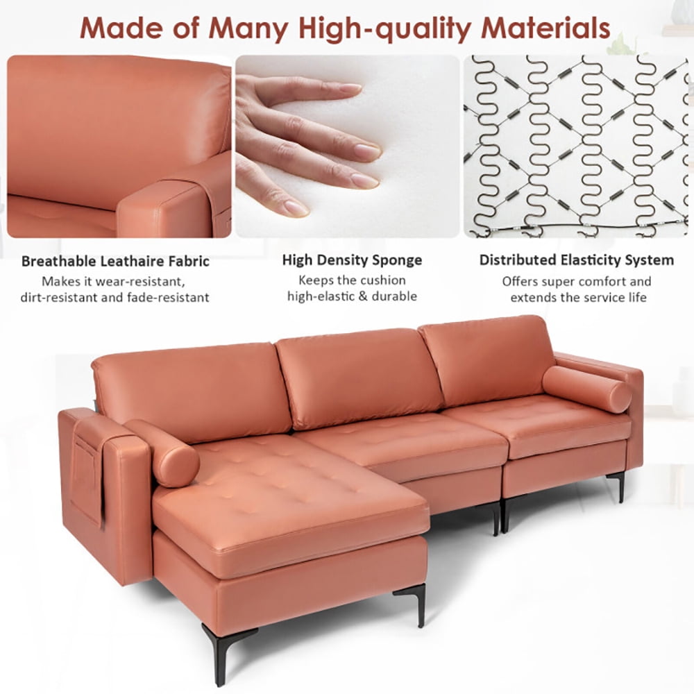 Finihen L-shaped Sectional Sofa Couch, Modular L-shaped 3-Seat Sectional Sofa with Reversible Chaise and 2 USB Ports, for Living Room, Pink Finihen L-shaped Sectional Sofa Couch, Modular L-shaped 3-Seat Sectional Sofa with Reversible Chaise and 2 USB Ports, for Living Room, Pink