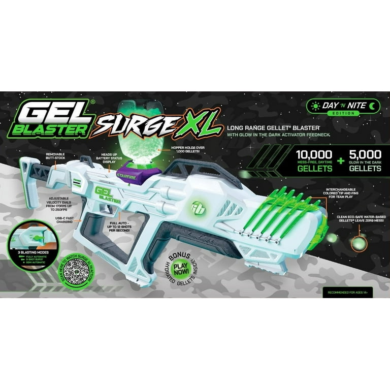 Gel Blaster Surge XL Day 'N' Nite Water Bead Blaster, Glow-in-the-Dark  Activator + 15k Gellets 