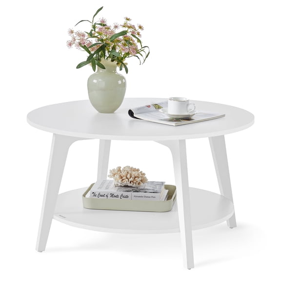 Snow White 2 - Tier Round Coffee Table with Storage - 31.5 x 17.7 Inches, Easy to Assemble for Living Room