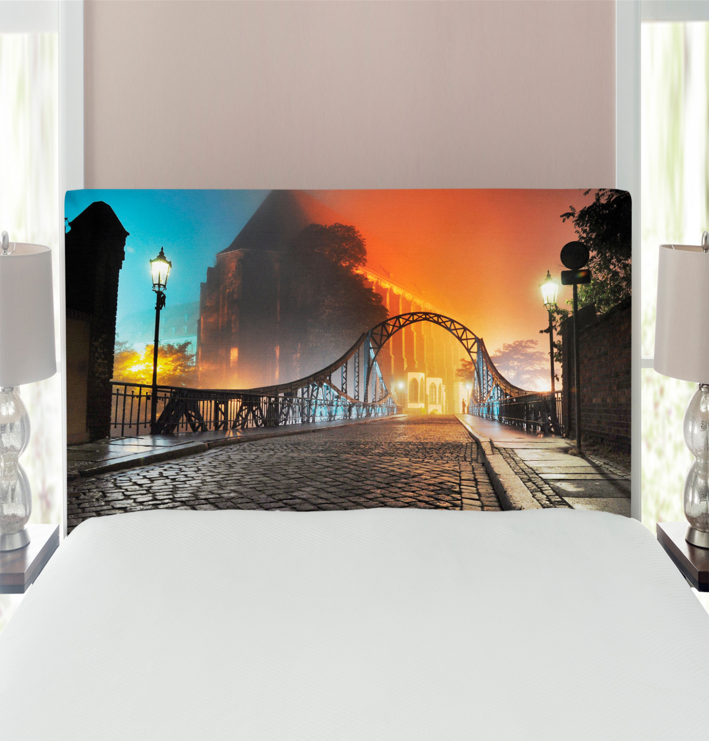Landscape Headboard, Modern City Bridge at Night with Sightseeing Urban Theme Landscape, Upholstered Decorative Metal Bed Headboard with Memory Foam, Twin Size, Grey Orange, by Ambesonne - image 1 of 4