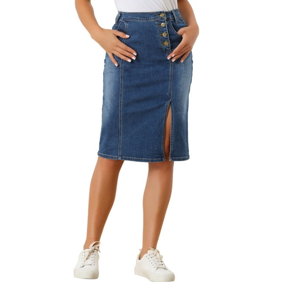 INSPIRE CHIC Denim Skirt for Women's Button Decor Side Slit Slash Pocket Midi Skirt XL Mid Blue