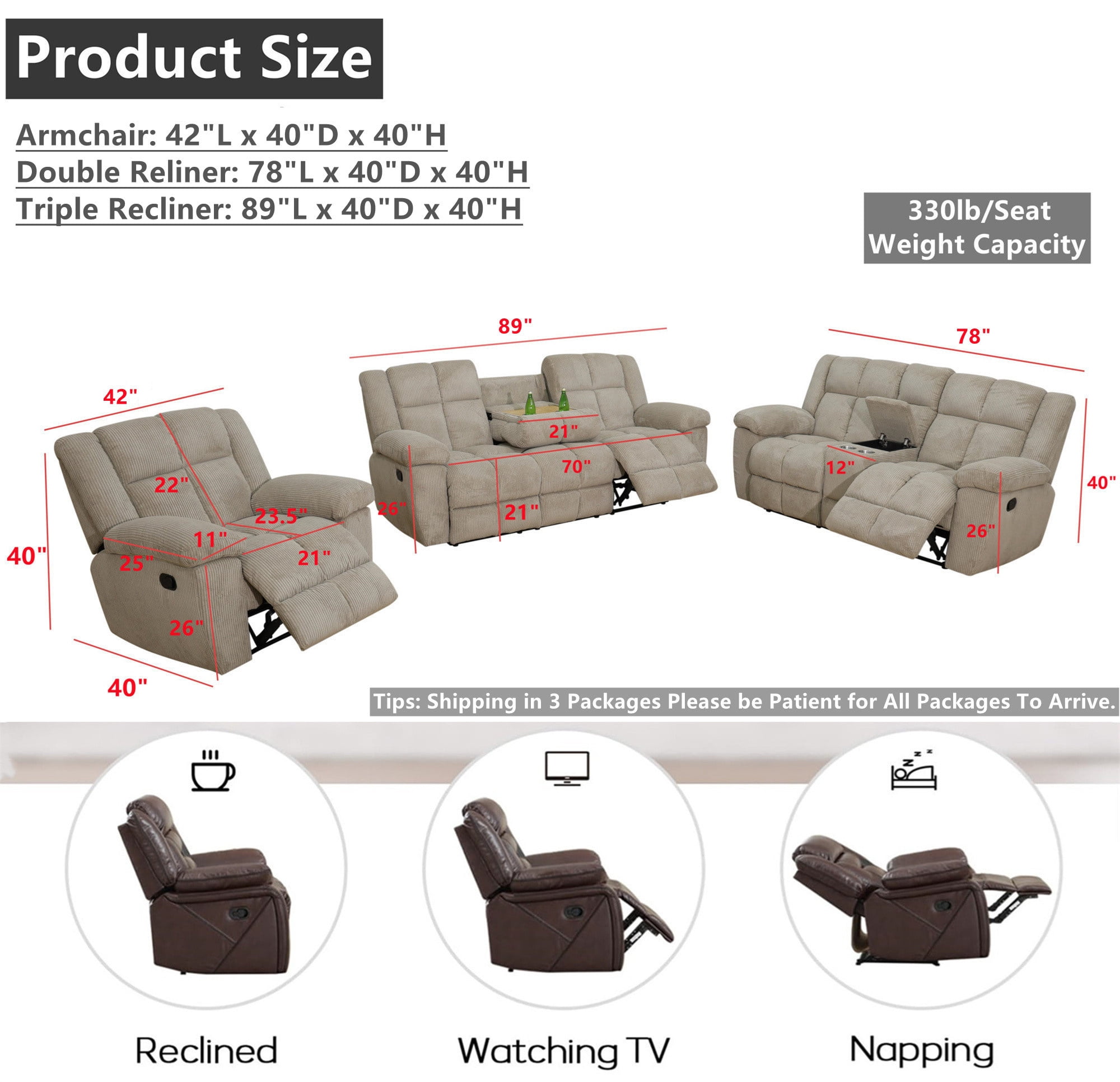 Aukfa 3-Piece Recliner Sofa Set, Oversized Armchair+Loveseat +3 Seat Sofa, 2 Cup Holders&Storage Console, Corduroy, Beige