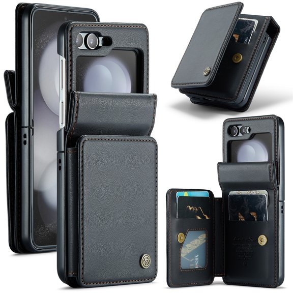 SaniMore for Samsung Galaxy Z Flip 7 Wallet Case, RFID Blocking PU Leather Credit Slots Flip Folio Protective Case, Double Magnetic Clasp Durable Shockproof Cover for Z Flip 7, Black