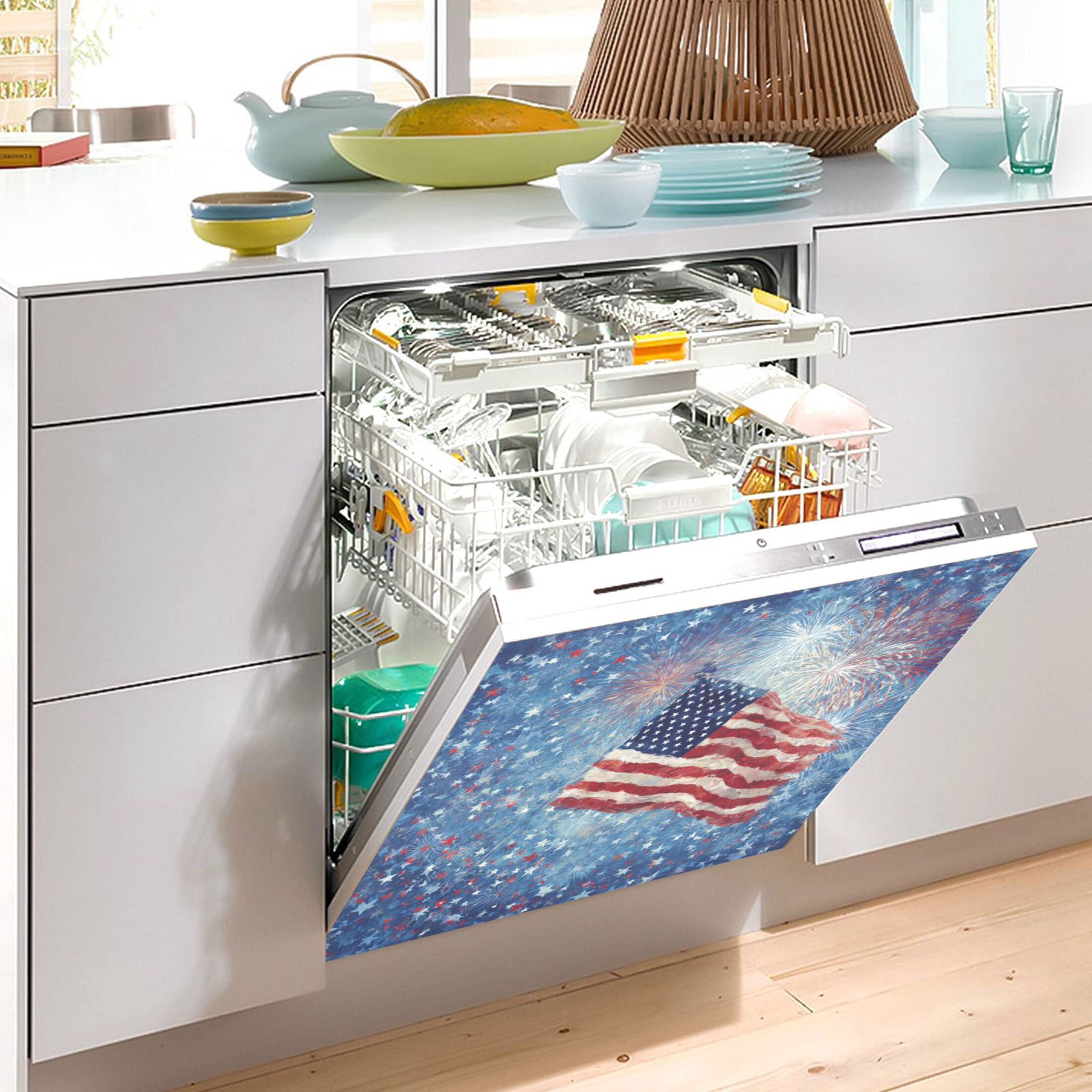 Dishwasher Magnetic Refrigerator Magnet Cover Sticker Home Decorative 23"x26" Fireworks and Flag