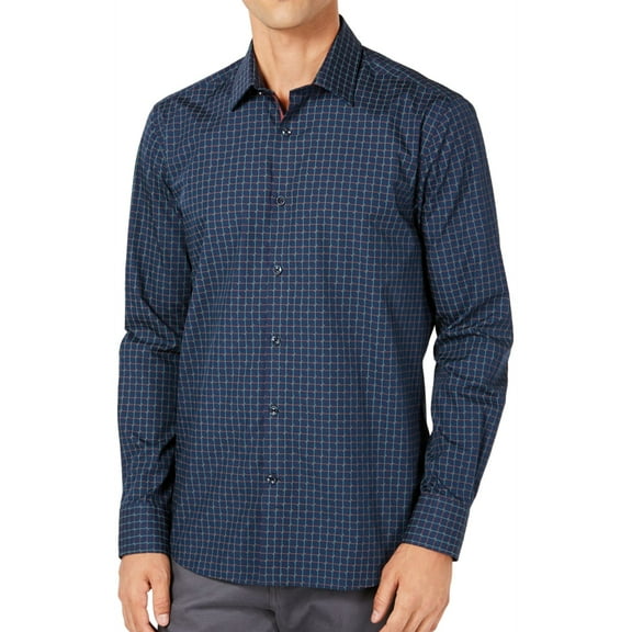 Ryan Seacrest Mens Grid Print Button Up Shirt, Blue, Medium