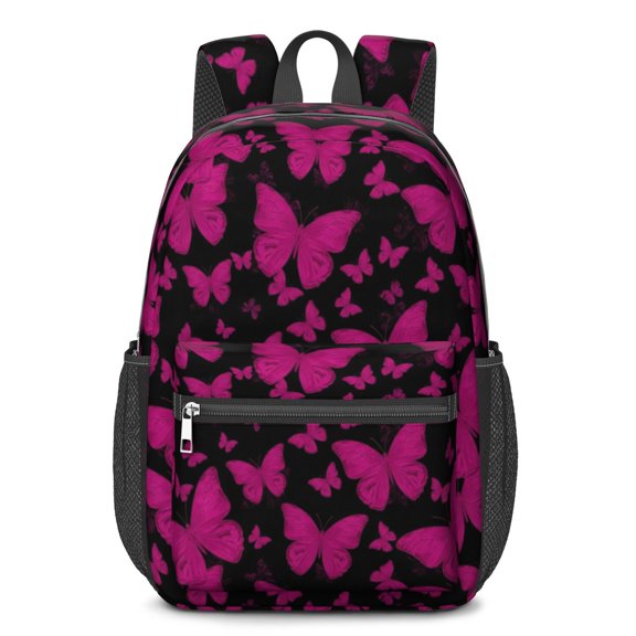Butterfly and Pink Black Pattern 17" School Backpacks for Teens,Waterproof Oxford Fabric,S-Shape Padded Straps for School,Travel,Hiking,Camping