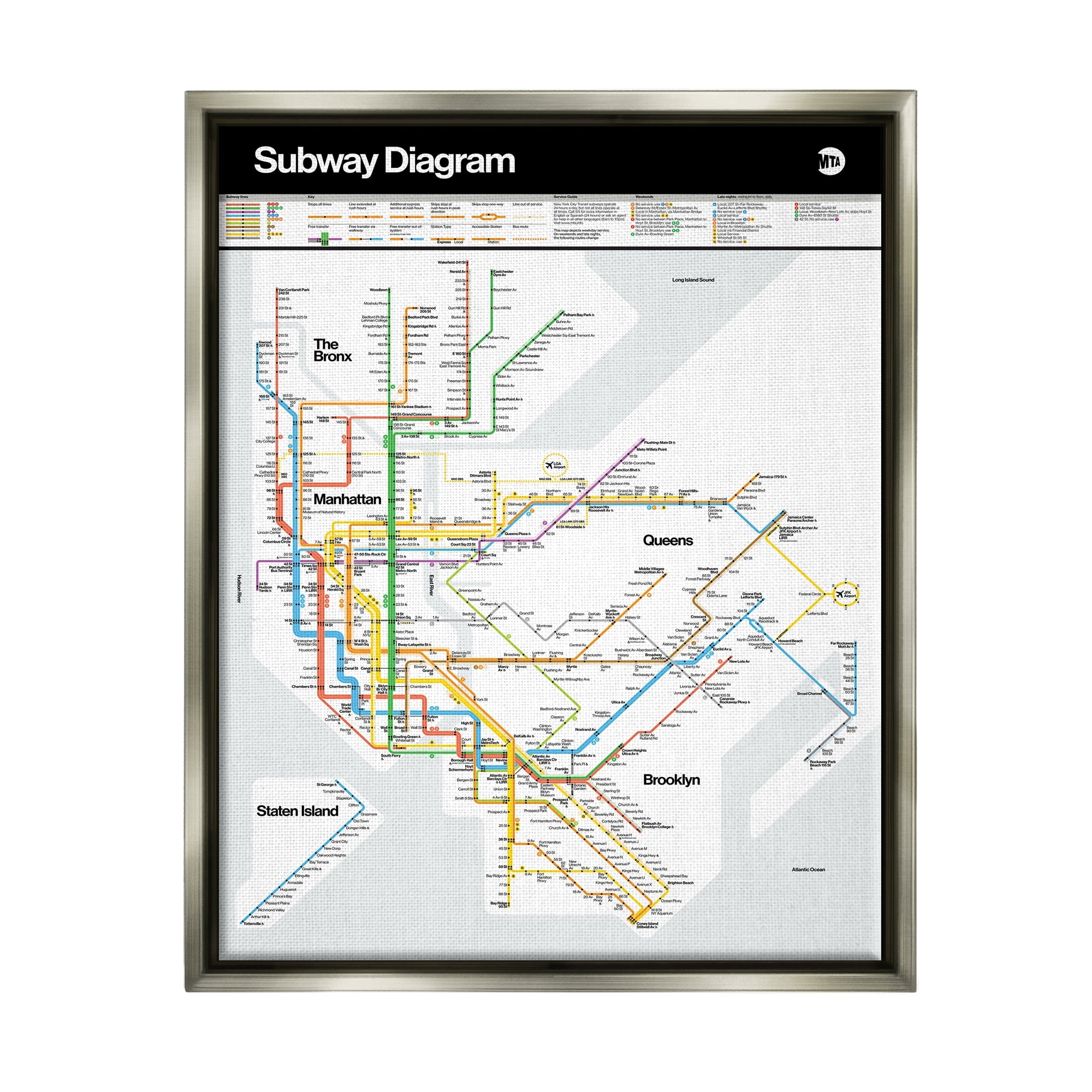 Stupell Industries New York City Urban Subway Diagram Chart Graphic Art Luster Gray Floating Framed Canvas Print Wall Art, Design by JG Studios
